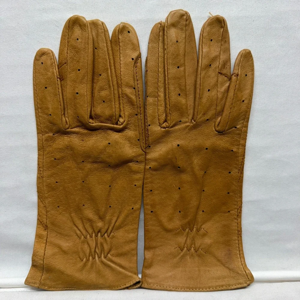 Vintage Leather Riding Driving Gloves Tan Perforated Womens XS Youth Equestrian